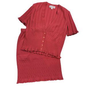 STUNNING ST. JOHN KNIT PINK BUTTON CARDIGAN BLOUSE & SKIRT 2 P